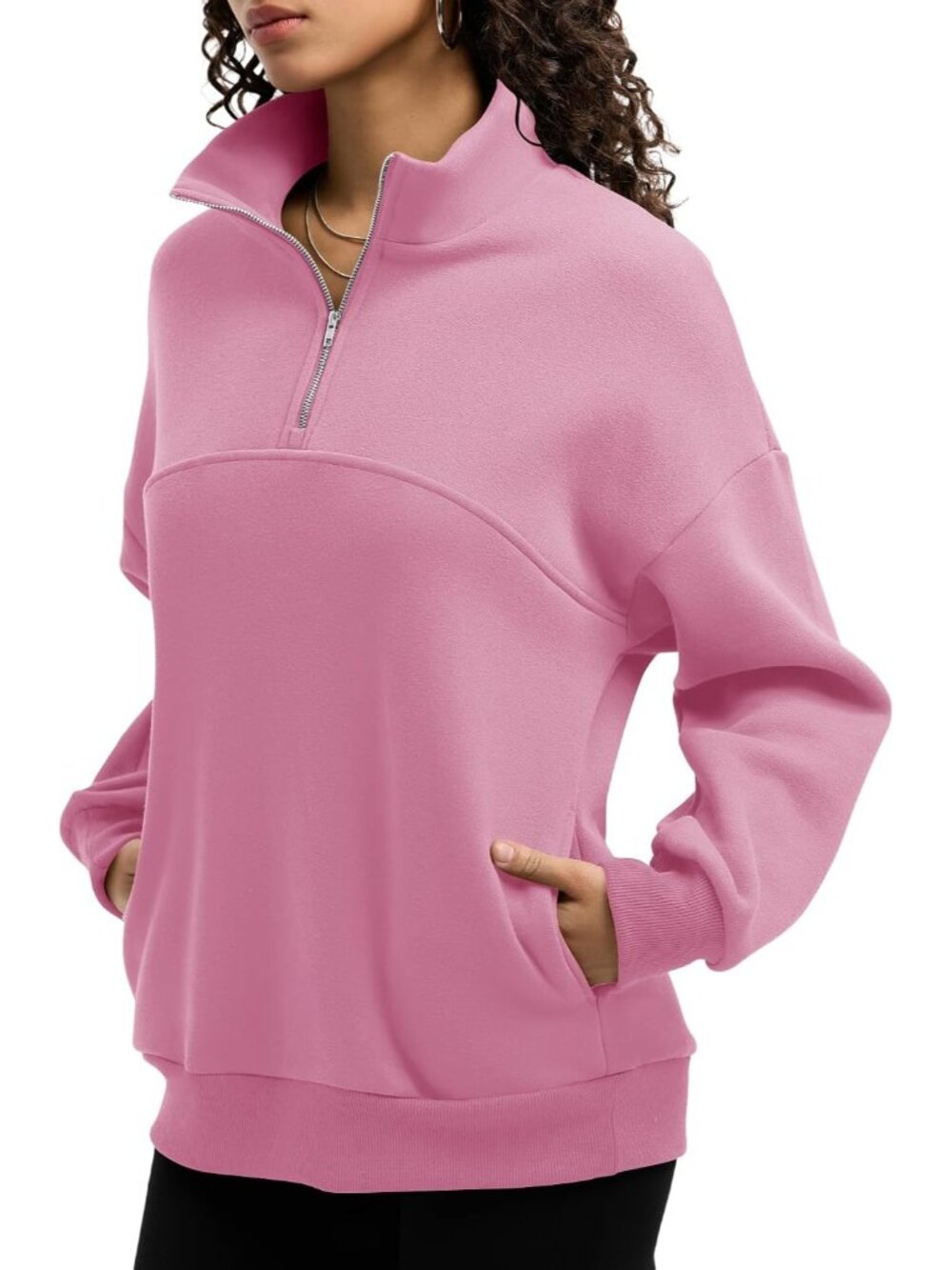 🆕Women's Light Pink Fleece Quarter Zipper Pullover Oversized Half Zip Hoodie